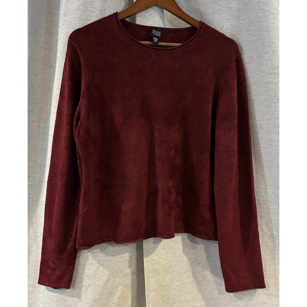 Eileen Fisher Fleece Boxy Long Sleeve Sweater Red Italian Yarn Large T-342